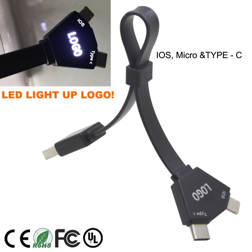 [AC6600] LED Logo 3 In 1 USB Charging Cable w/ Type C Port - Adjustable Length. AC6600