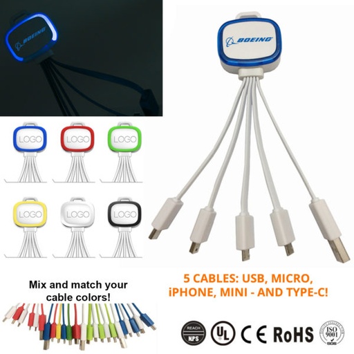 [AC7385] Light Up 5-In-1 Mobile USB Charging Cables - W/ Type C. AC7385