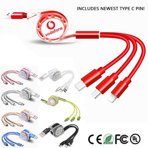 [AC3100] Shiny 3-In-1 Mobile Charger Retractable USB Charging Cable - Type - C. AC3100